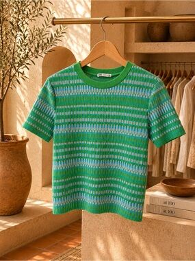 Zara Green & Blue Textured Knit Short Sleeve Top – Size S
